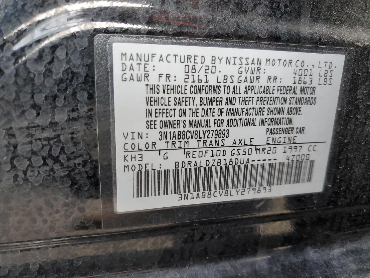 2020 Nissan Sentra VIN 3N1AB8CV8LY279893 Copart auction photo, front end damage thumbnail 13