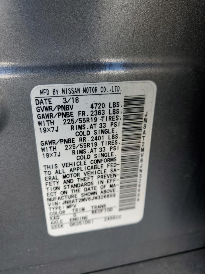 2018 Nissan Rogue VIN JN8AT2MV6JW326689 Copart auction photo, front end / stripped damage thumbnail 14