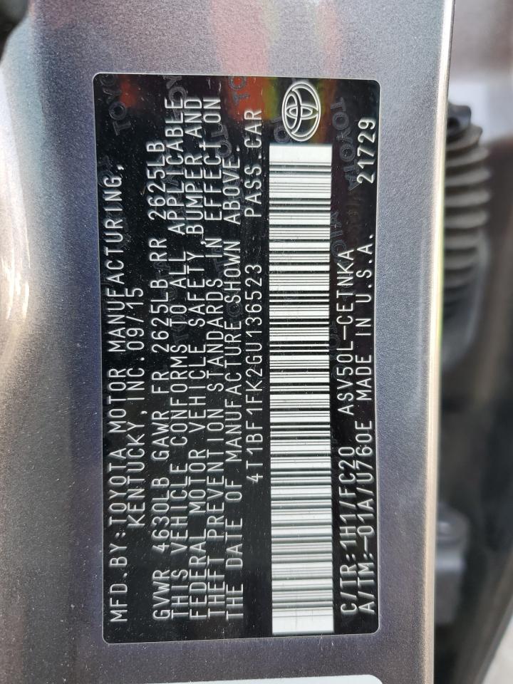 2016 Toyota Camry VIN 4T1BF1FK2GU136523 Copart auction photo, rear end damage thumbnail 12