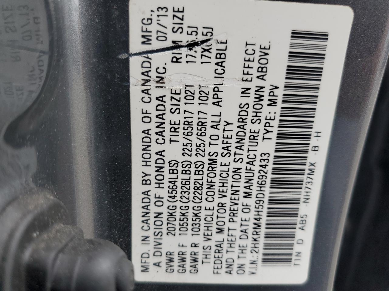 2013 Honda CR-V VIN 2HKRM4H59DH692433 Copart auction photo, front end / side damage thumbnail 16