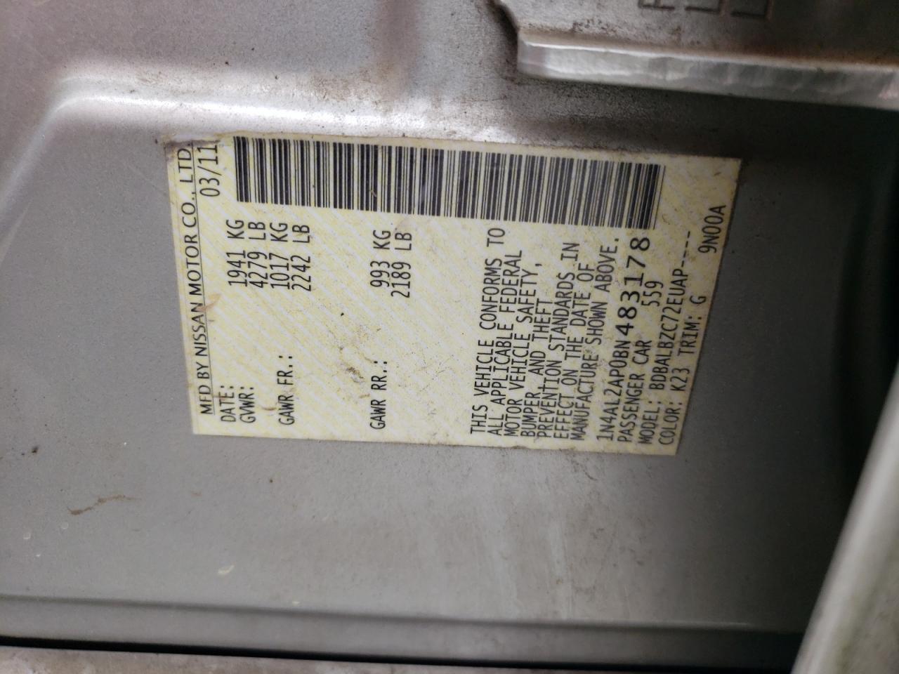 2011 Nissan Altima VIN 1N4AL2AP0BN483178 Copart auction photo, front end damage thumbnail 12