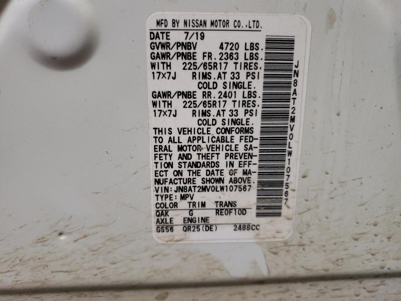 2020 Nissan Rogue VIN JN8AT2MV0LW107567 Copart auction photo, rear end damage thumbnail 15