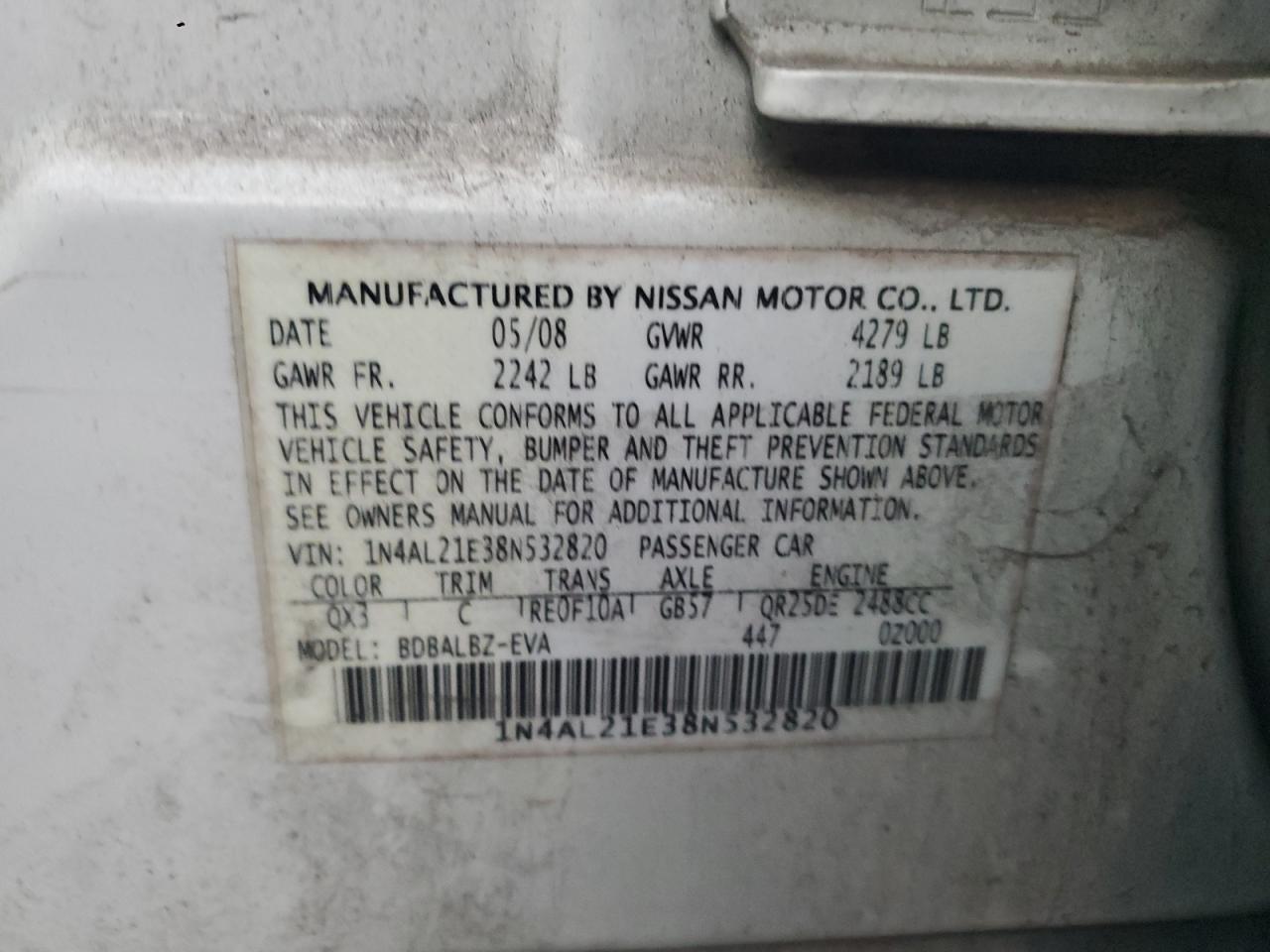 2008 Nissan Altima VIN 1N4AL21E38N532820 Copart auction photo, all over damage thumbnail 12