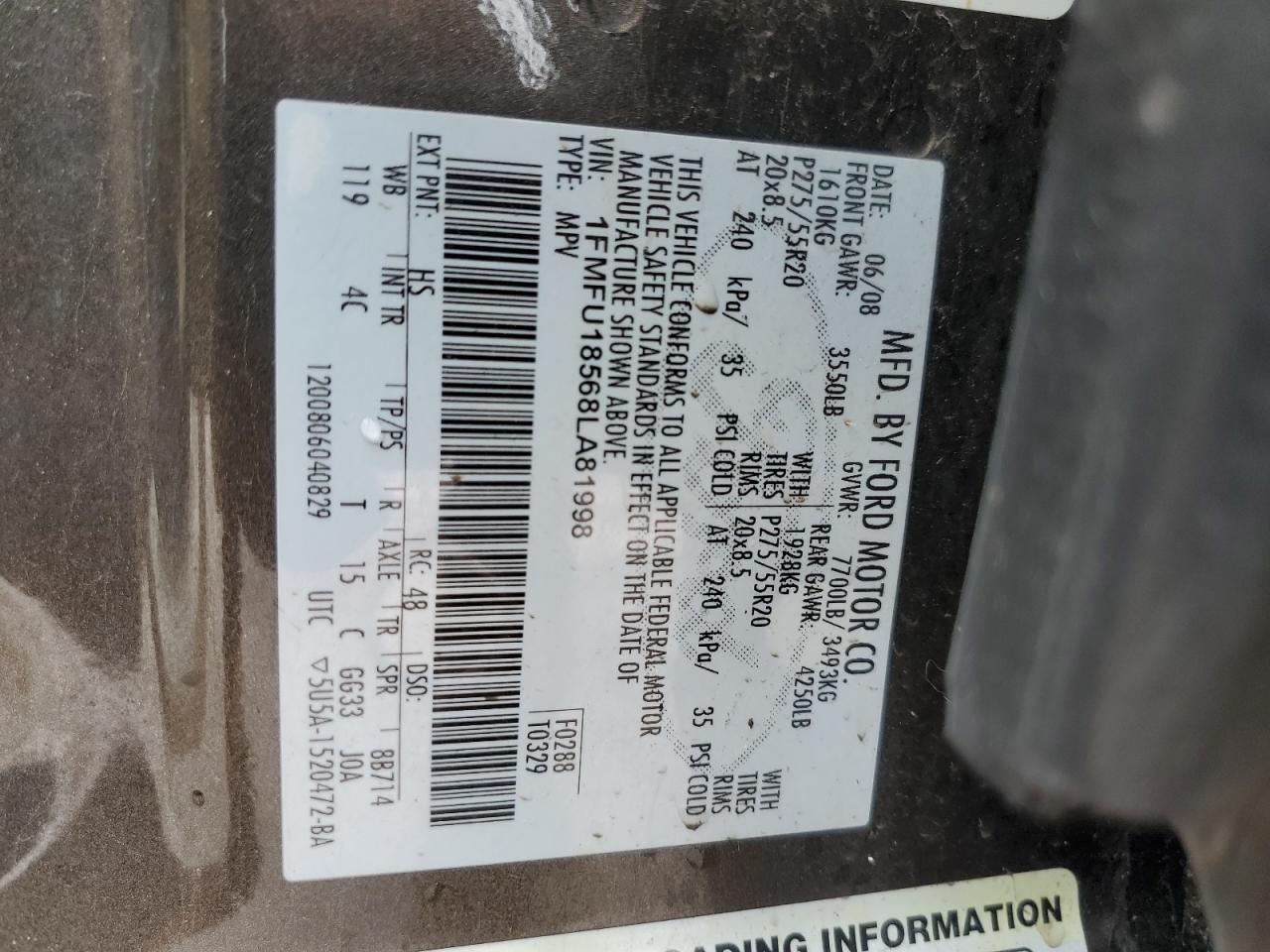 2008 Ford Expedition VIN 1FMFU18568LA81998 Copart auction photo, front end / minor dent/scratches damage thumbnail 13