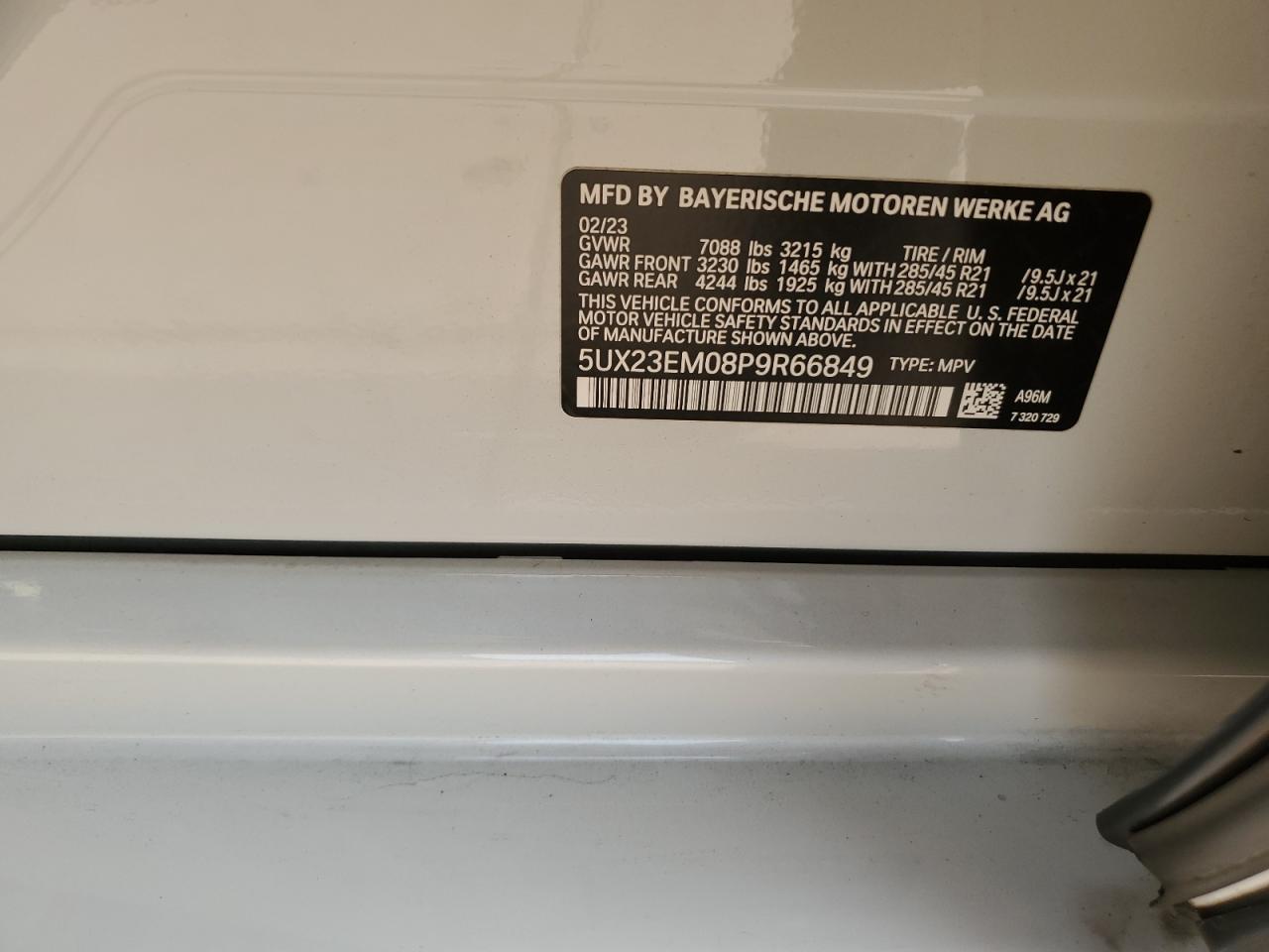 2023 BMW X7 VIN 5UX23EM08P9R66849 Copart auction photo, front end / side damage thumbnail 15