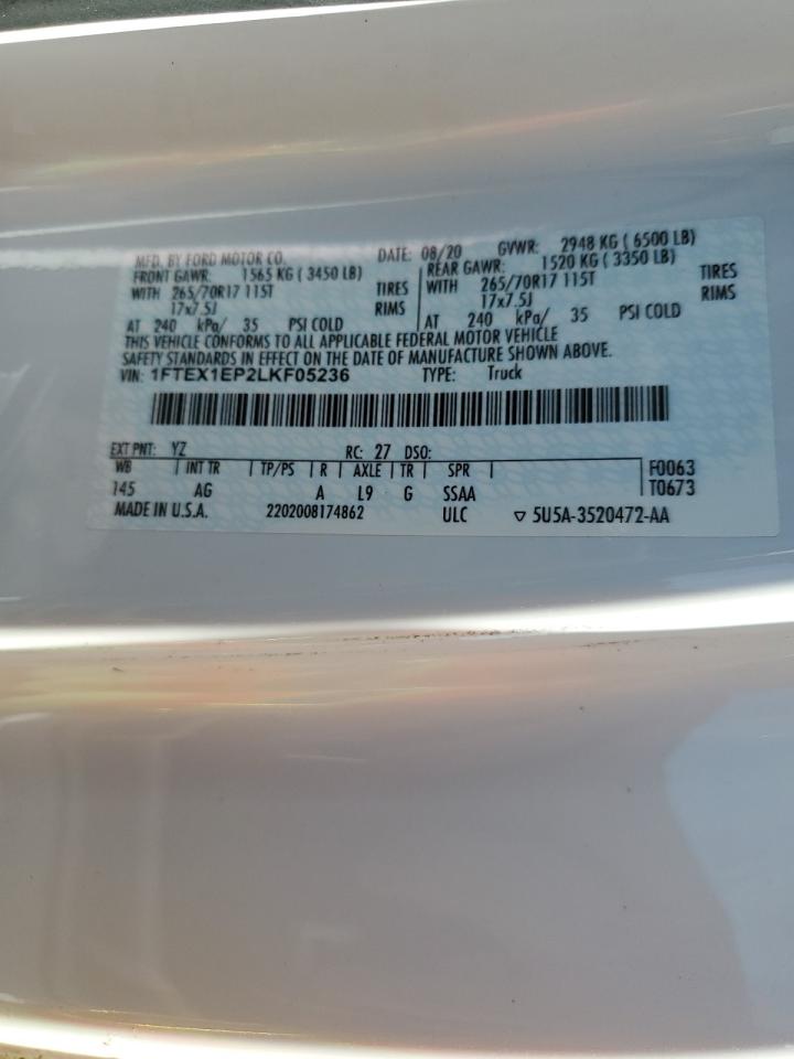2020 Ford F-150 VIN 1FTEX1EP2LKF05236 Copart auction photo, rollover damage thumbnail 15