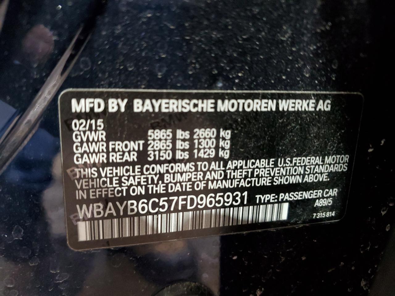 2015 BMW 7er VIN WBAYB6C57FD965931 Copart auction photo, front end / rear end damage thumbnail 12