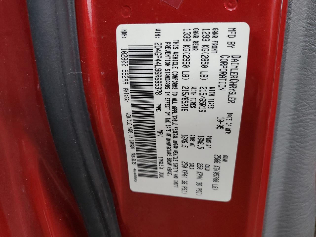2006 Dodge Caravan VIN 2D4GP44L96R685378 Copart auction photo, front end / side damage thumbnail 13