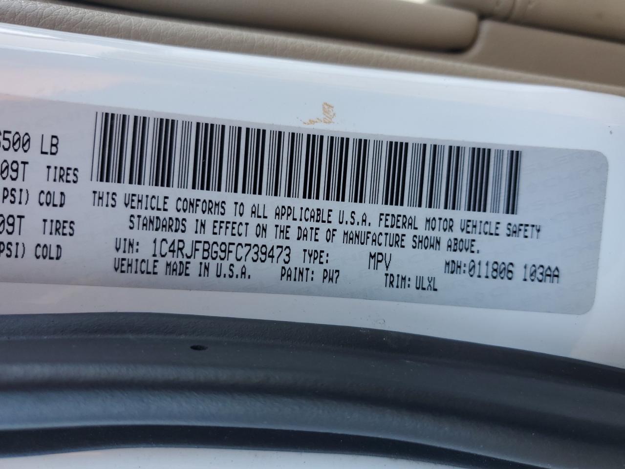 2015 Jeep Grand Cherokee VIN 1C4RJFBG9FC739473 Copart auction photo, front end damage thumbnail 15