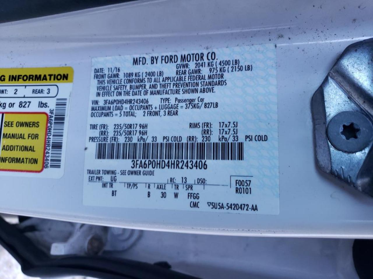 2017 Ford Fusion VIN 3FA6P0HD4HR243406 Copart auction photo, front end damage thumbnail 12