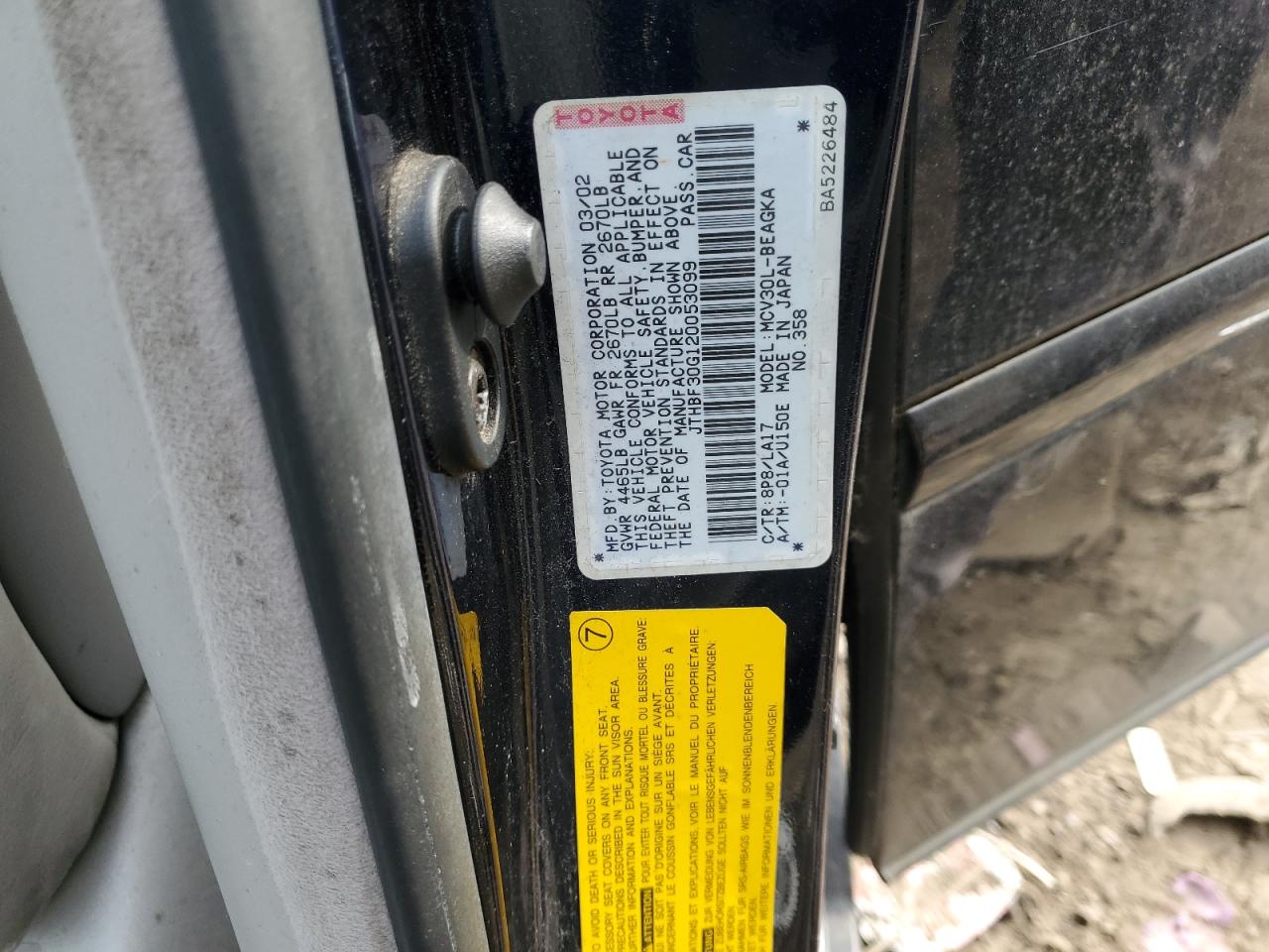 2002 Lexus ES VIN JTHBF30G120053099 Copart auction photo, rear end damage thumbnail 12