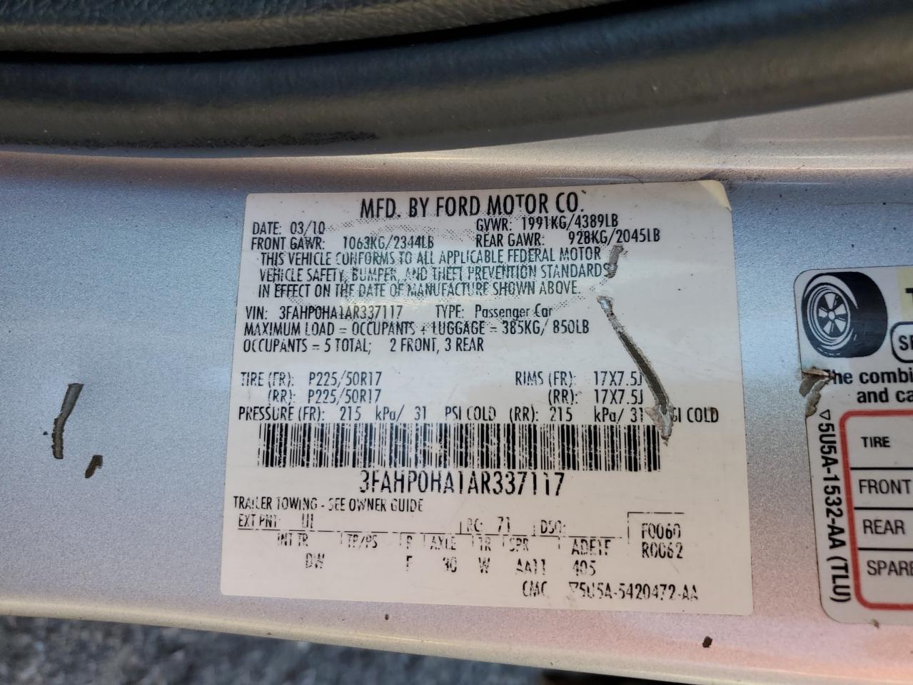 2010 Ford Fusion VIN 3FAHP0HA1AR337117 Copart auction photo, front end damage thumbnail 14