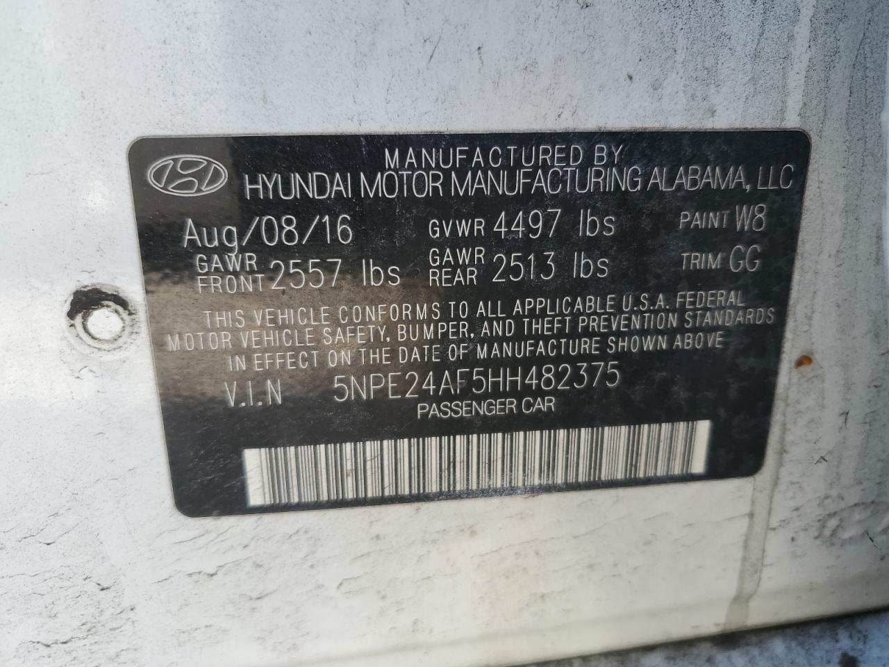 2017 Hyundai Sonata VIN 5NPE24AF5HH482375 Copart auction photo, front end damage thumbnail 14