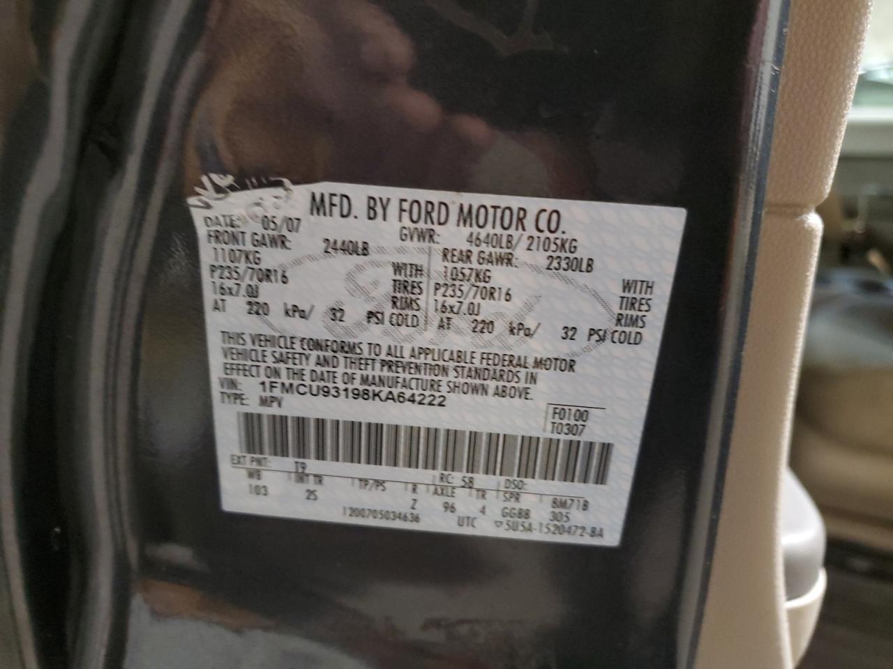 2008 Ford Escape VIN 1FMCU93198KA64222 Copart auction photo, front end / side damage thumbnail 14