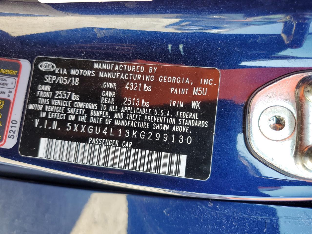 2019 KIA Optima VIN 5XXGU4L13KG299130 Copart auction photo, front end / side damage thumbnail 15