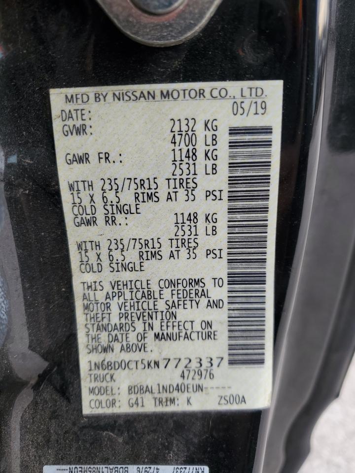 2019 Nissan Navara (Frontier) VIN 1N6BD0CT5KN772337 Copart auction photo, side damage thumbnail 12