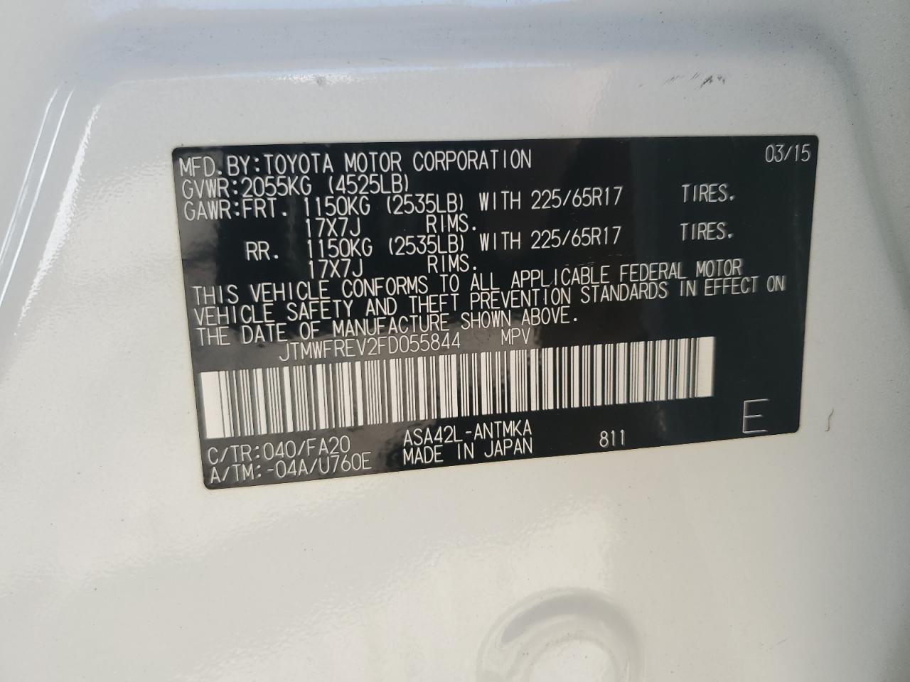 2015 Toyota RAV 4 VIN JTMWFREV2FD055844 Copart auction photo, front end / side damage thumbnail 13