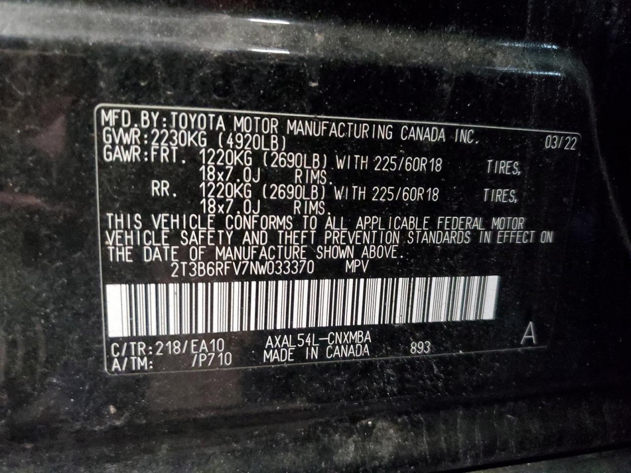2022 Toyota RAV 4 VIN 2T3B6RFV7NW033370 Copart auction photo, front end / minor dent/scratches damage thumbnail 15