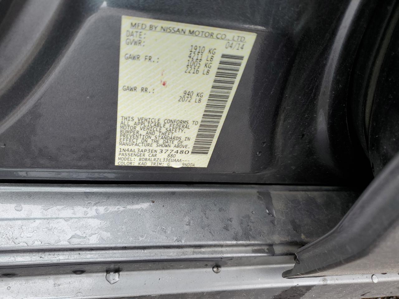 2014 Nissan Altima VIN 1N4AL3AP3EN377480 Copart auction photo, rear end damage thumbnail 12