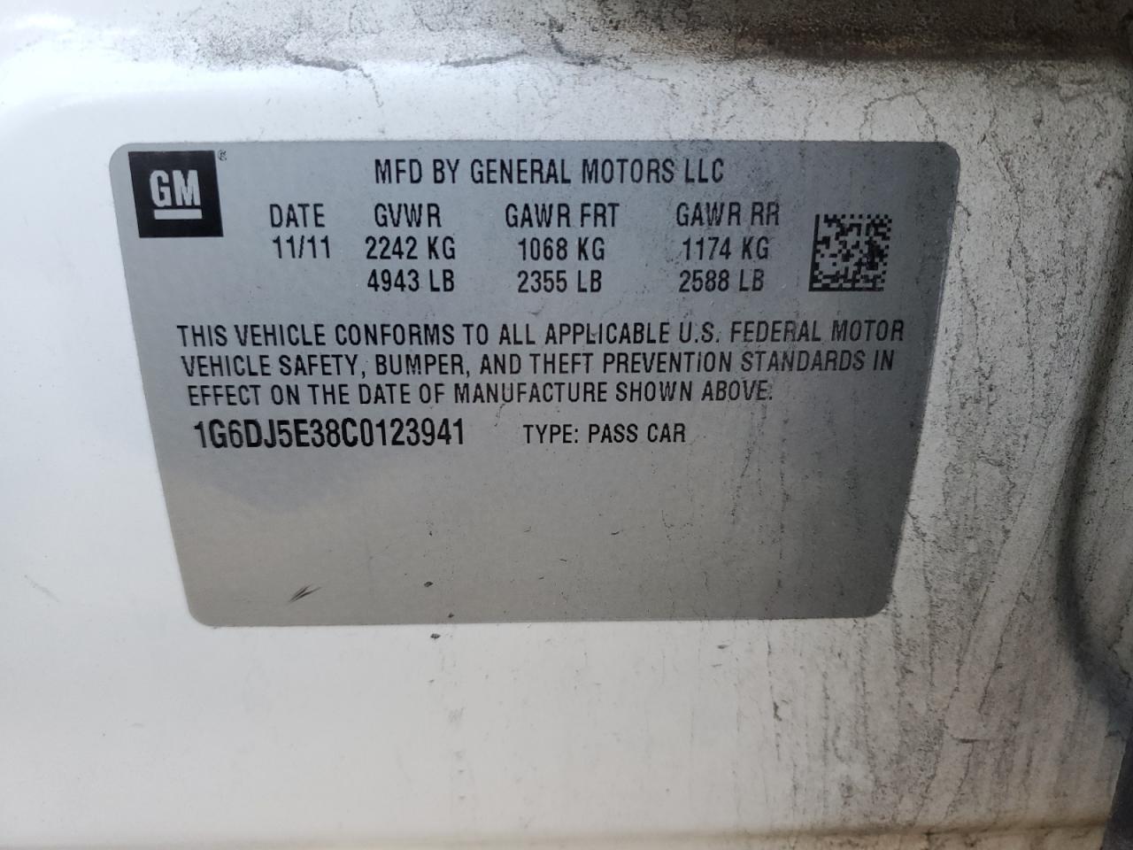 2012 Cadillac CTS VIN 1G6DJ5E38C0123941 Copart auction photo, front end damage thumbnail 13