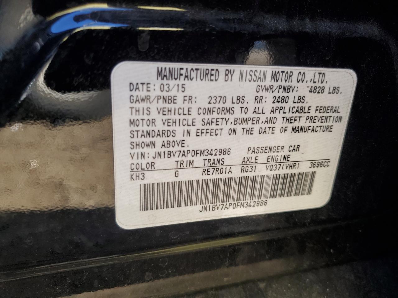 2015 Infiniti Q50 VIN JN1BV7AP0FM342986 Copart auction photo, front end / side damage thumbnail 14