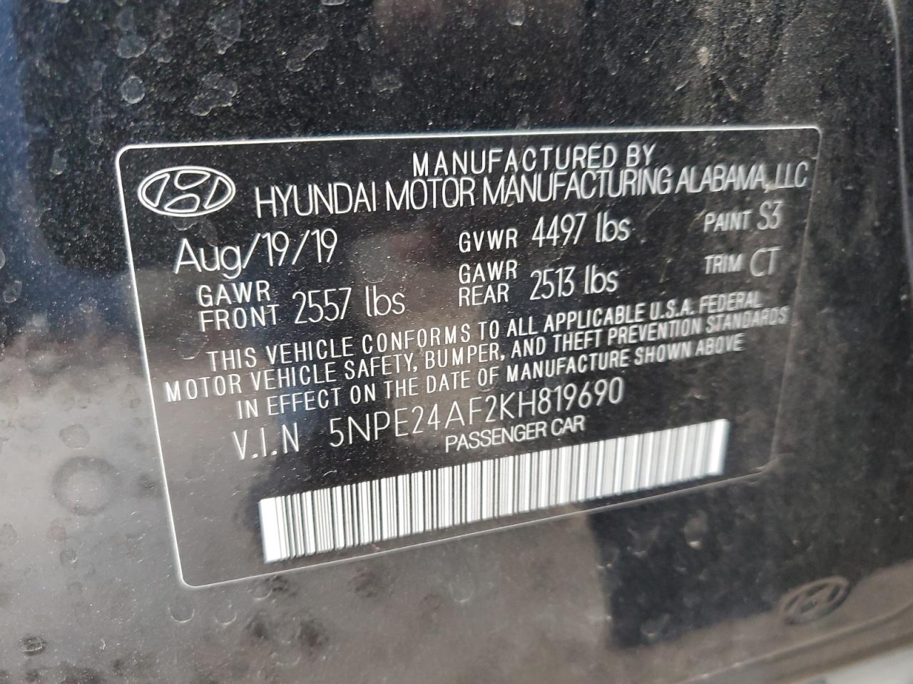 2019 Hyundai Sonata VIN 5NPE24AF2KH819690 Copart auction photo, side / rear end damage thumbnail 13
