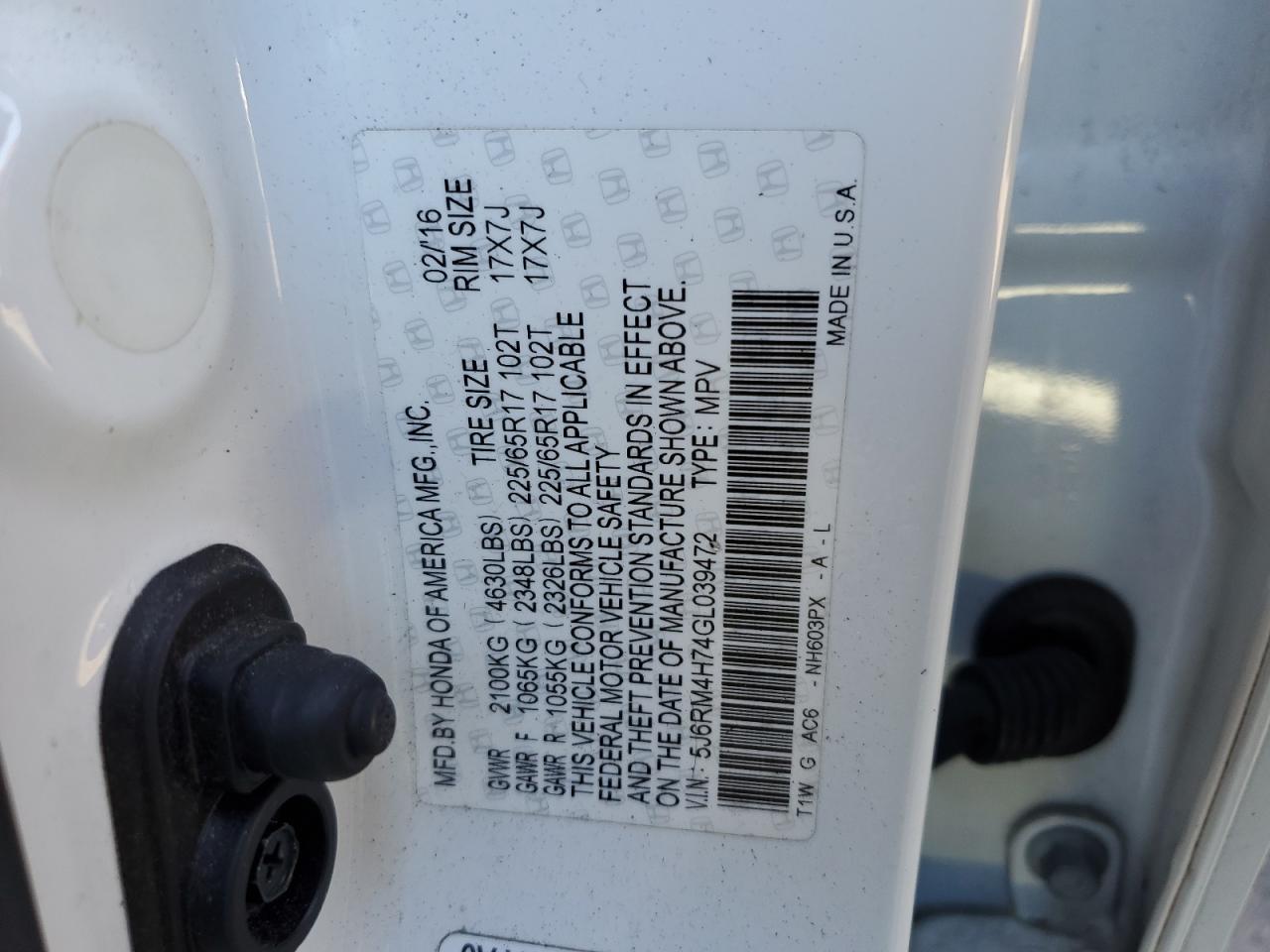 2016 Honda CR-V VIN 5J6RM4H74GL039472 Copart auction photo, all over damage thumbnail 13