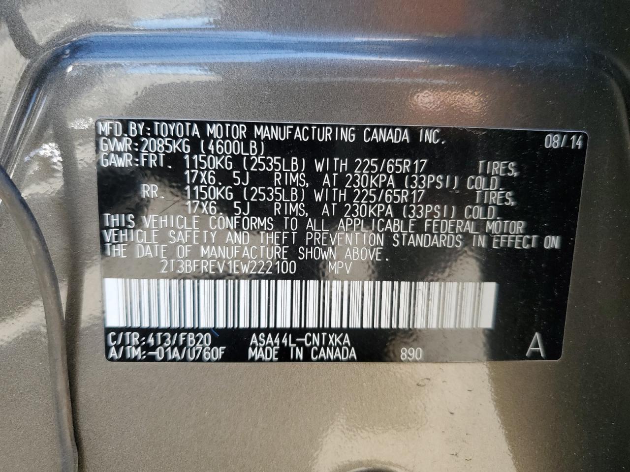 2014 Toyota RAV 4 VIN 2T3BFREV1EW222100 Copart auction photo, front end / side damage thumbnail 15