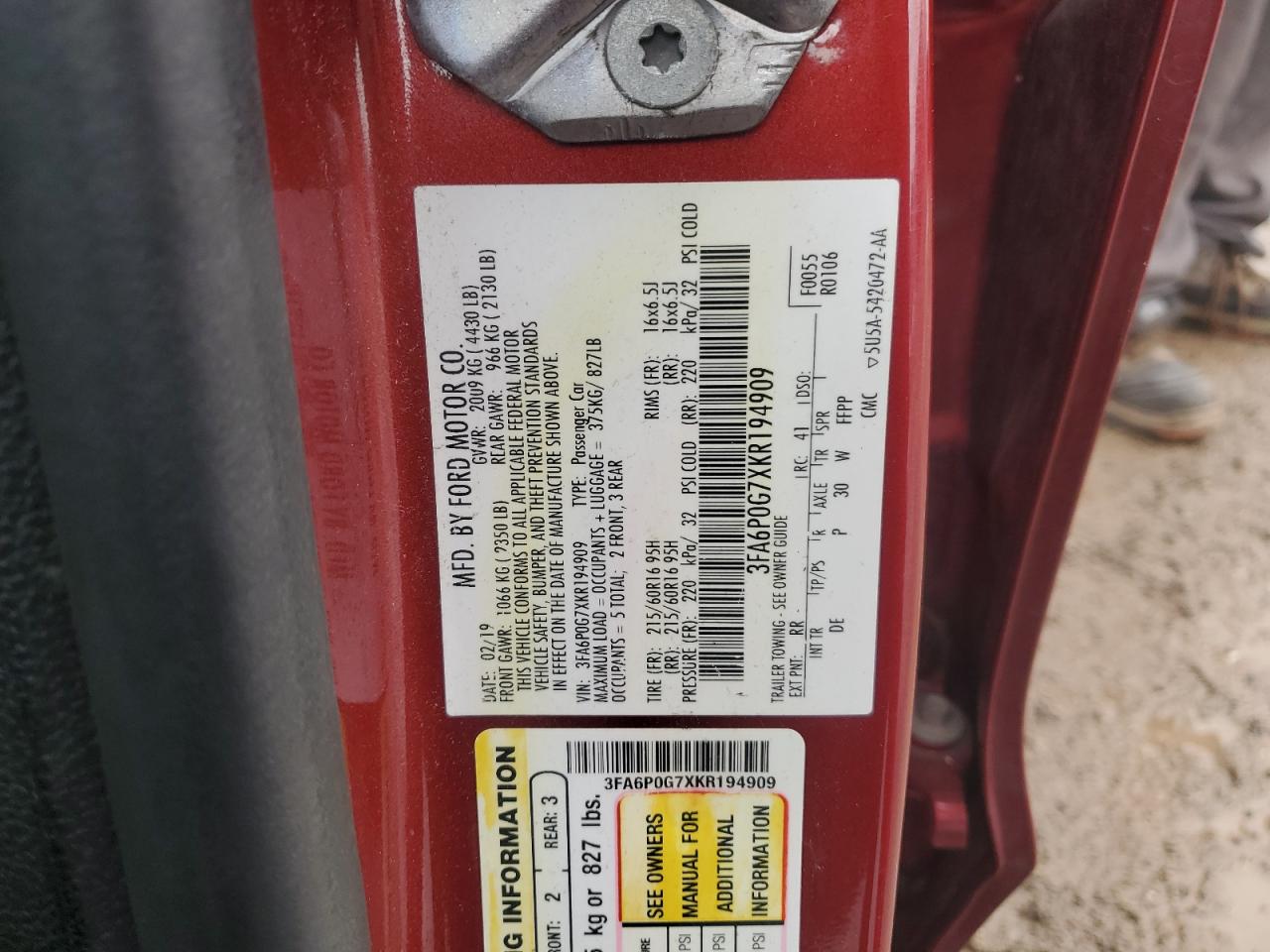 2019 Ford Fusion VIN 3FA6P0G7XKR194909 Copart auction photo, rear end damage thumbnail 12
