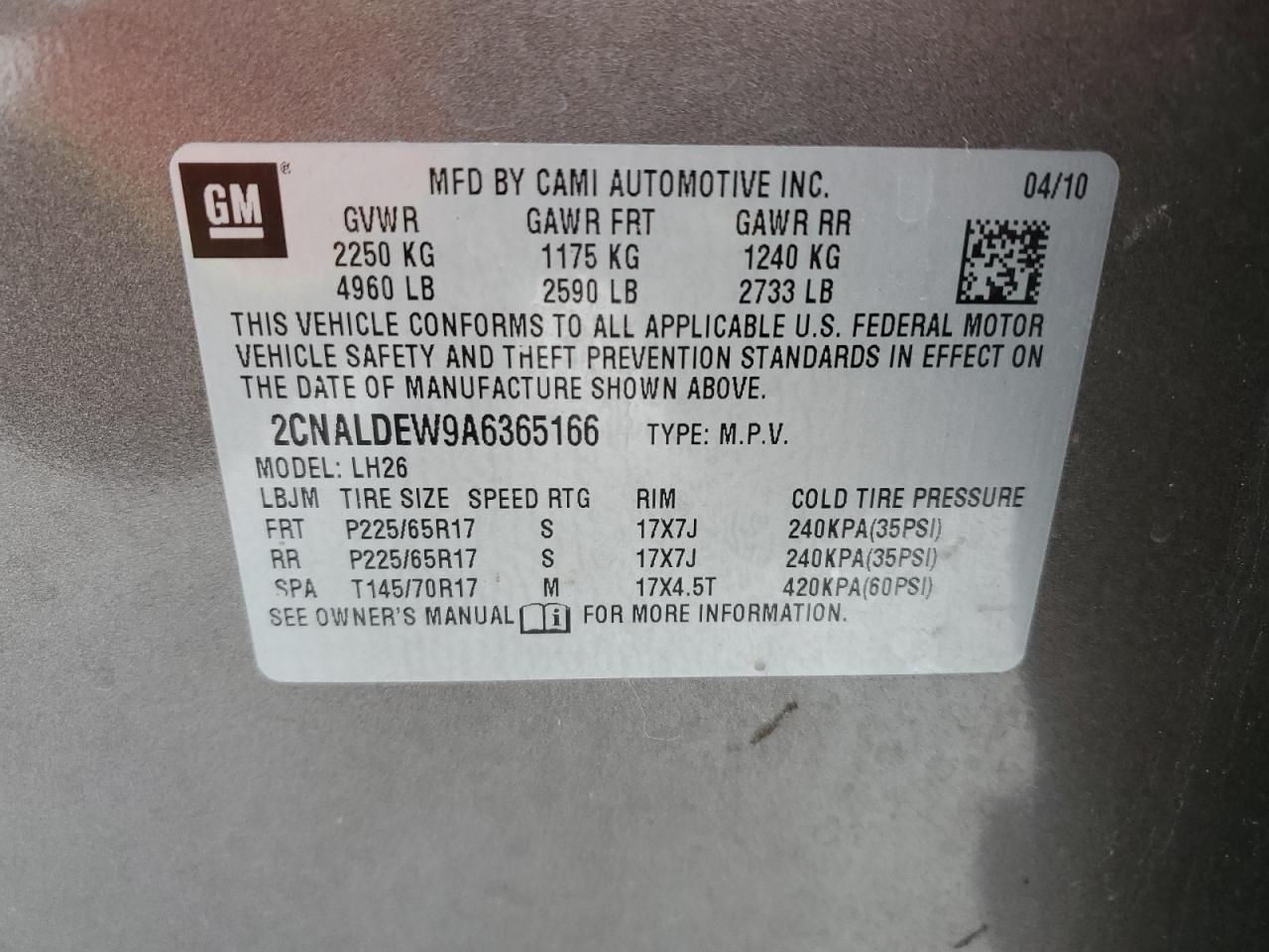 2010 Chevrolet Equinox VIN 2CNALDEW9A6365166 Copart auction photo, all over damage thumbnail 13