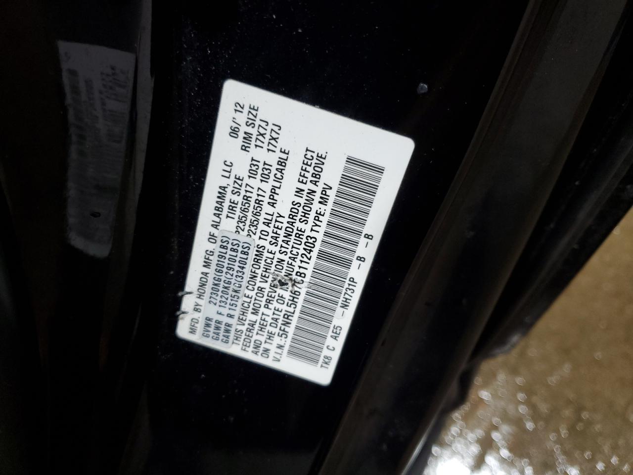 2012 Honda Odyssey VIN 5FNRL5H67CB112403 Copart auction photo, front end damage thumbnail 15