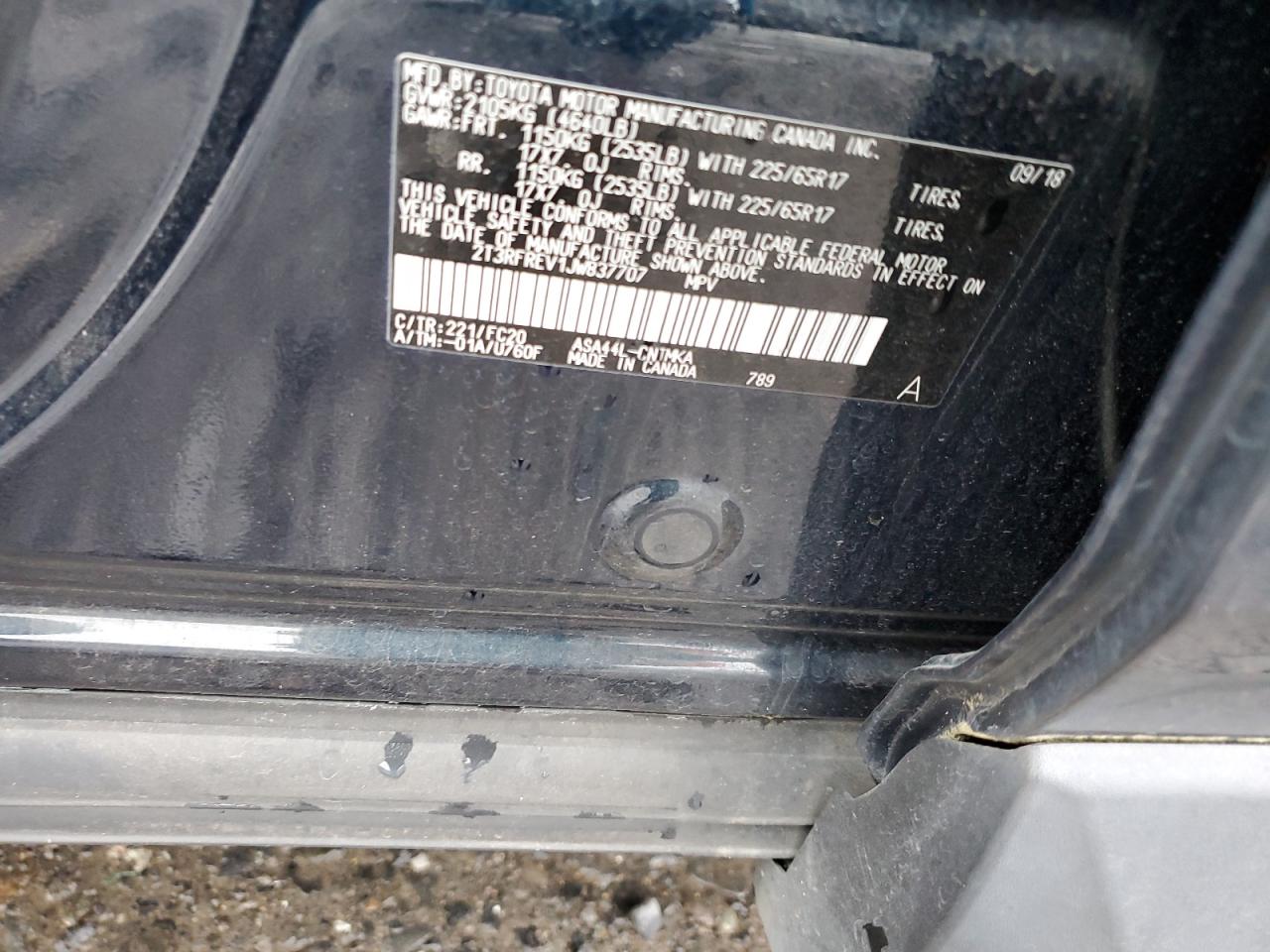 2018 Toyota RAV 4 VIN 2T3RFREV1JW837707 Copart auction photo, rear end damage thumbnail 12