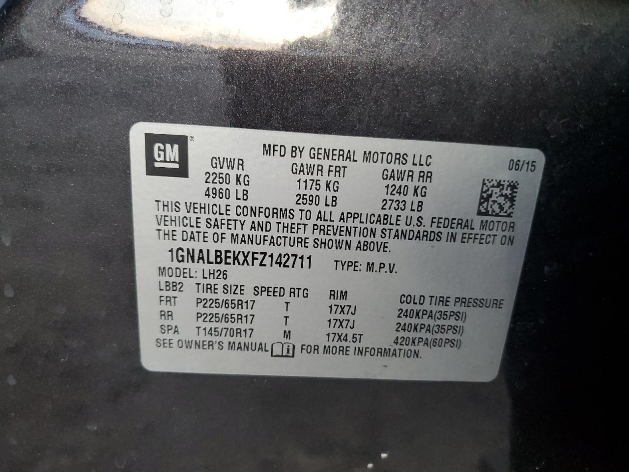 2015 Chevrolet Equinox VIN 1GNALBEKXFZ142711 Copart auction photo, front end damage thumbnail 13