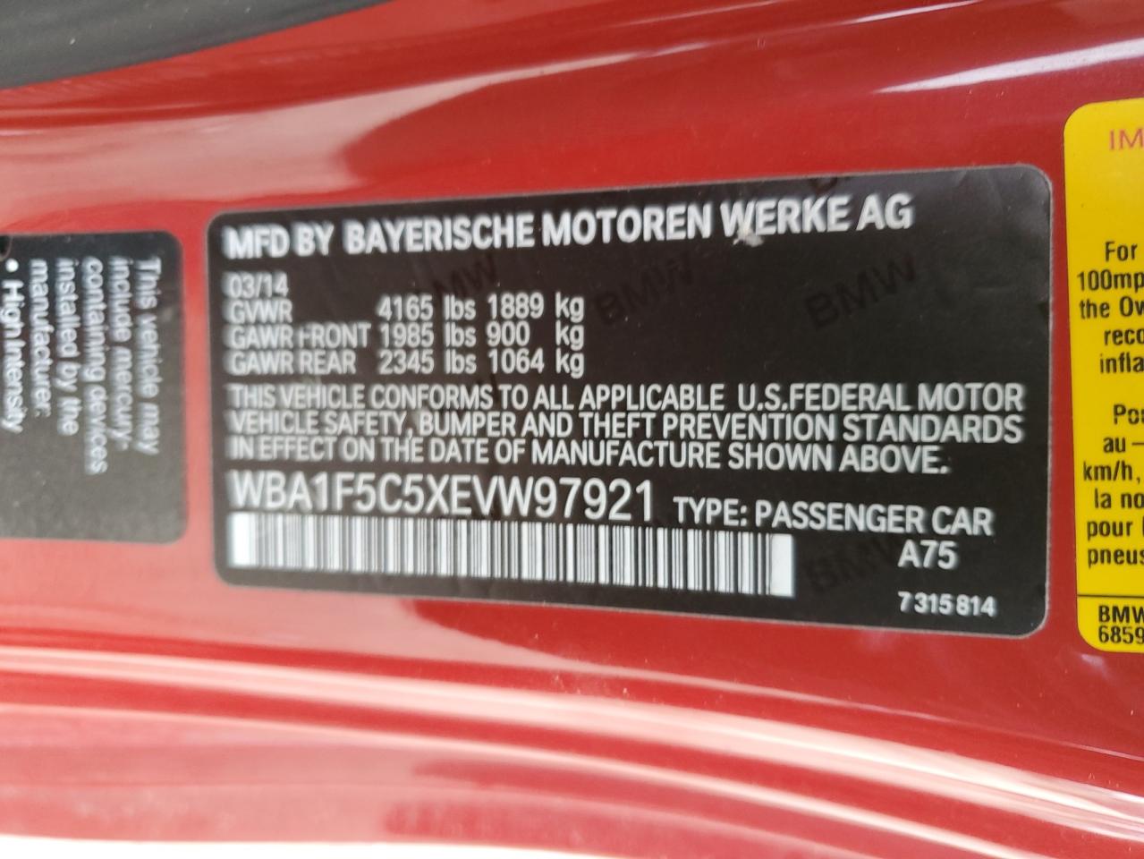 2014 BMW 2er VIN WBA1F5C5XEVW97921 Copart auction photo, front end damage thumbnail 14