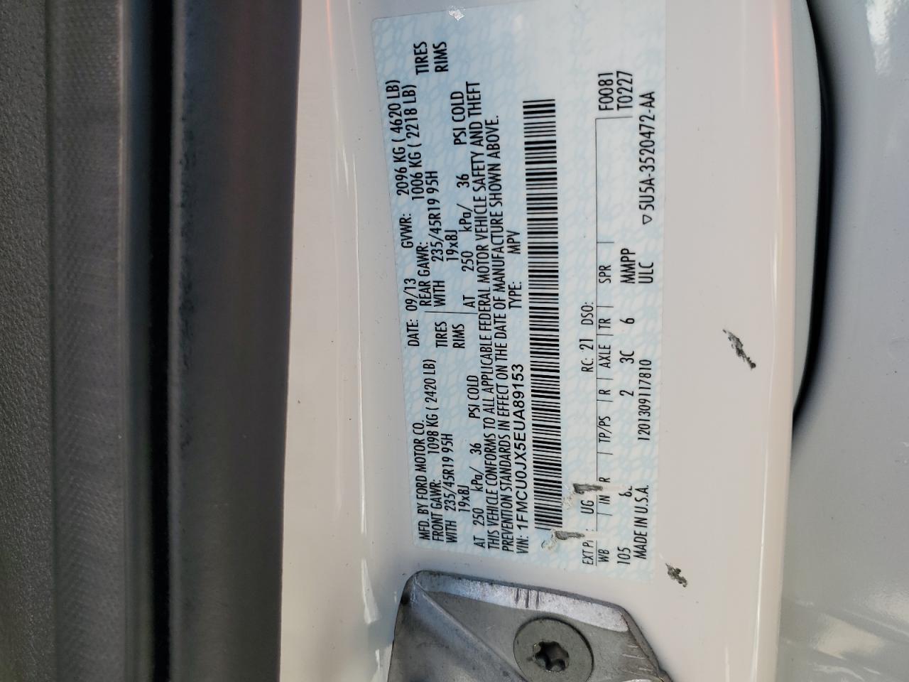 2014 Ford Escape VIN 1FMCU0JX5EUA89153 Copart auction photo, front end damage thumbnail 14