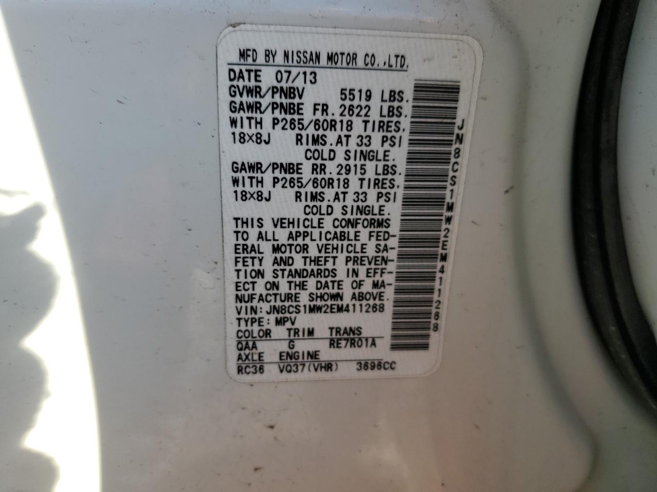 2014 Infiniti QX70 VIN JN8CS1MW2EM411268 Copart auction photo, front end damage thumbnail 13