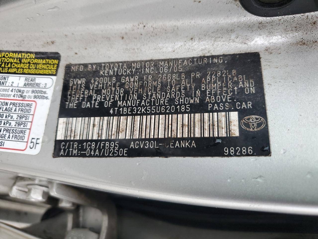 2005 Toyota Camry VIN 4T1BE32K55U620185 Copart auction photo, all over damage thumbnail 14