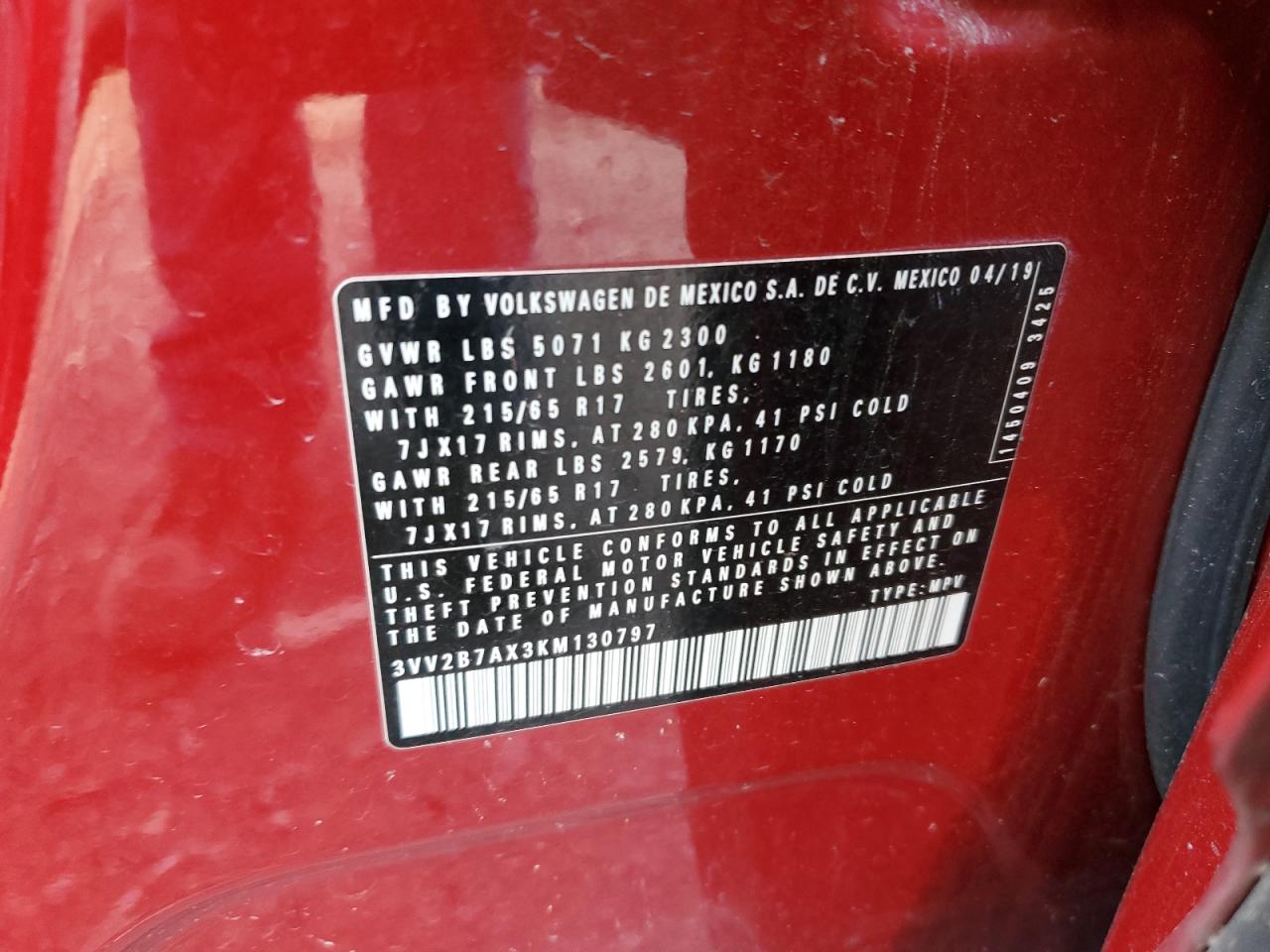 2019 Volkswagen Tiguan VIN 3VV2B7AX3KM130797 Copart auction photo, front end / rear end damage thumbnail 13