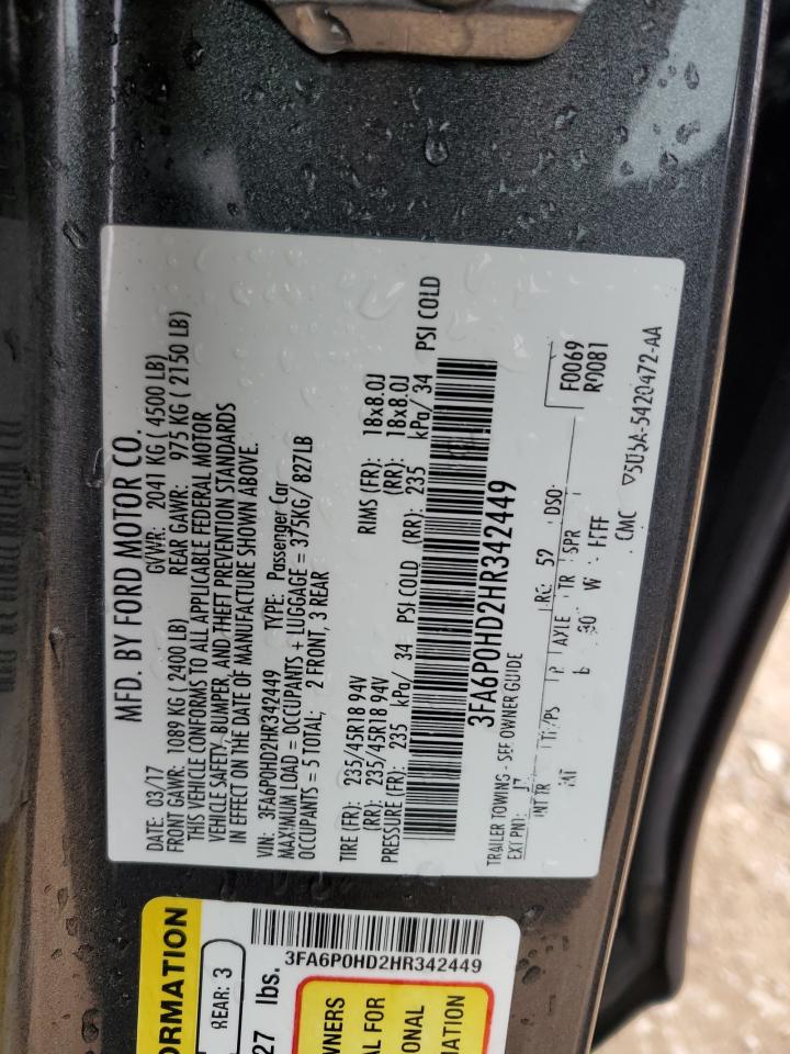 2017 Ford Fusion VIN 3FA6P0HD2HR342449 Copart auction photo, front end / minor dent/scratches damage thumbnail 13
