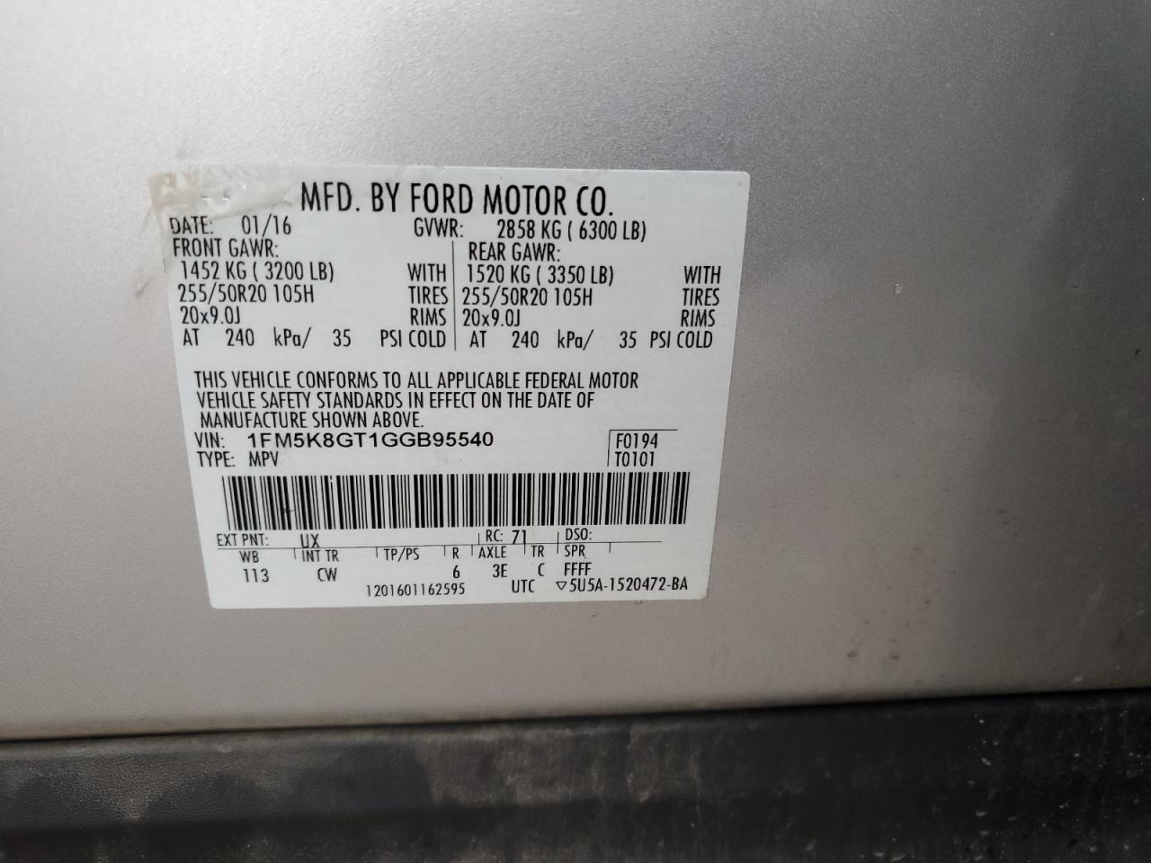 2016 Ford Explorer VIN 1FM5K8GT1GGB95540 Copart auction photo, minor dent/scratches damage thumbnail 13