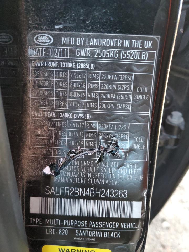 2011 Land Rover LR2 VIN SALFR2BN4BH243263 Copart auction photo, front end / side damage thumbnail 14
