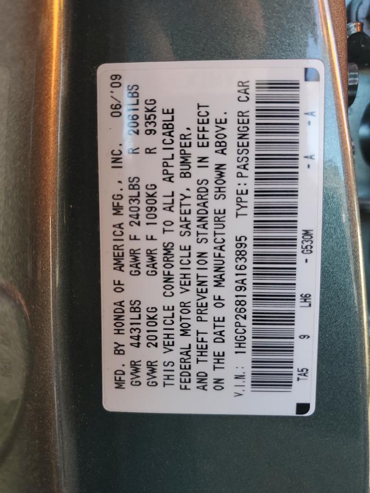 2009 Honda Accord VIN 1HGCP26819A163895 Copart auction photo, front end / side damage thumbnail 12