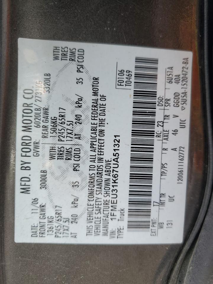 2007 Ford Explorer VIN 1FMEU31K67UA51321 Copart auction photo, rear end / minor dent/scratches damage thumbnail 12