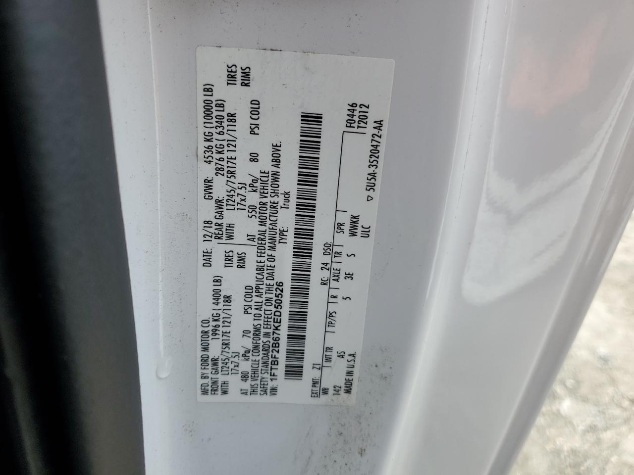 2019 Ford F250 VIN 1FTBF2B67KED50526 Copart auction photo, front end damage thumbnail 12