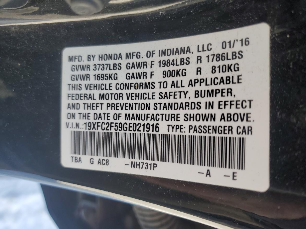 2016 Honda Civic VIN 19XFC2F59GE021916 Copart auction photo, front end damage thumbnail 12