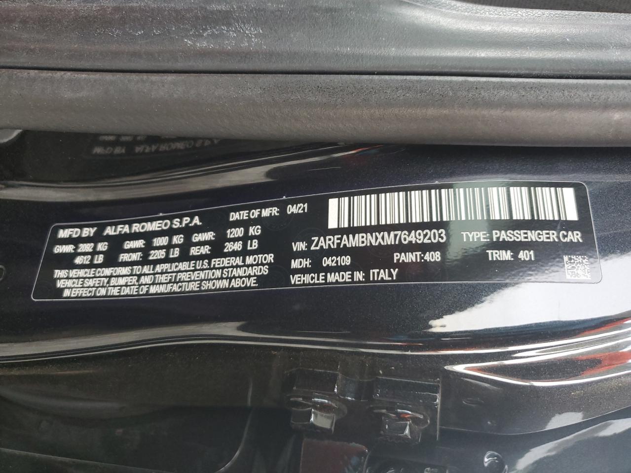 2021 Alfa Romeo Giulia VIN ZARFAMBNXM7649203 Copart auction photo, all over damage thumbnail 12