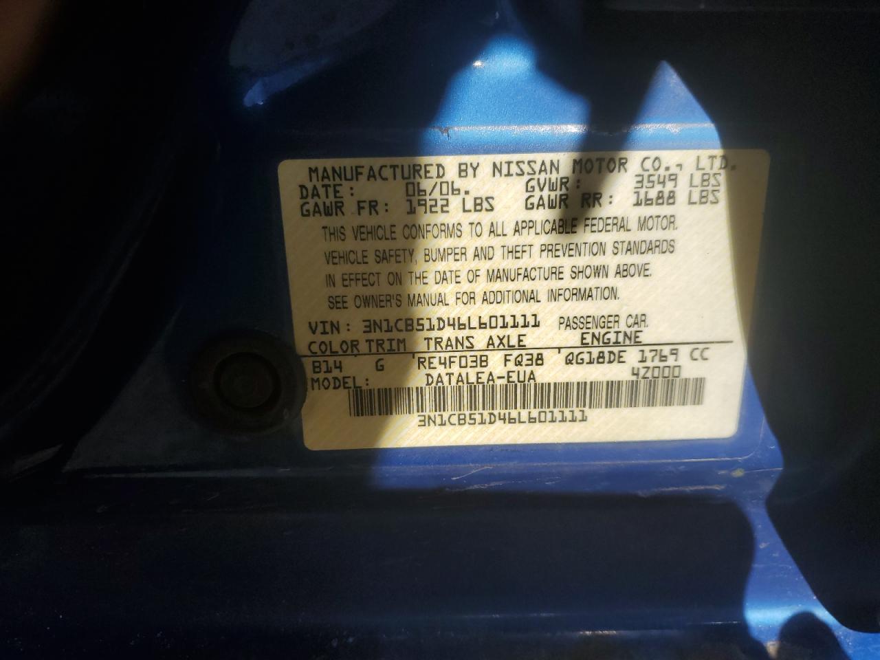 2006 Nissan Sentra VIN 3N1CB51D46L601111 Copart auction photo, side / rear end damage thumbnail 14