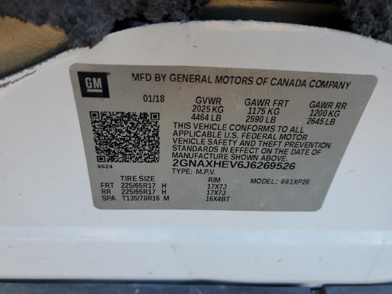 2018 Chevrolet Equinox VIN 2GNAXHEV6J6269526 Copart auction photo, side damage thumbnail 13