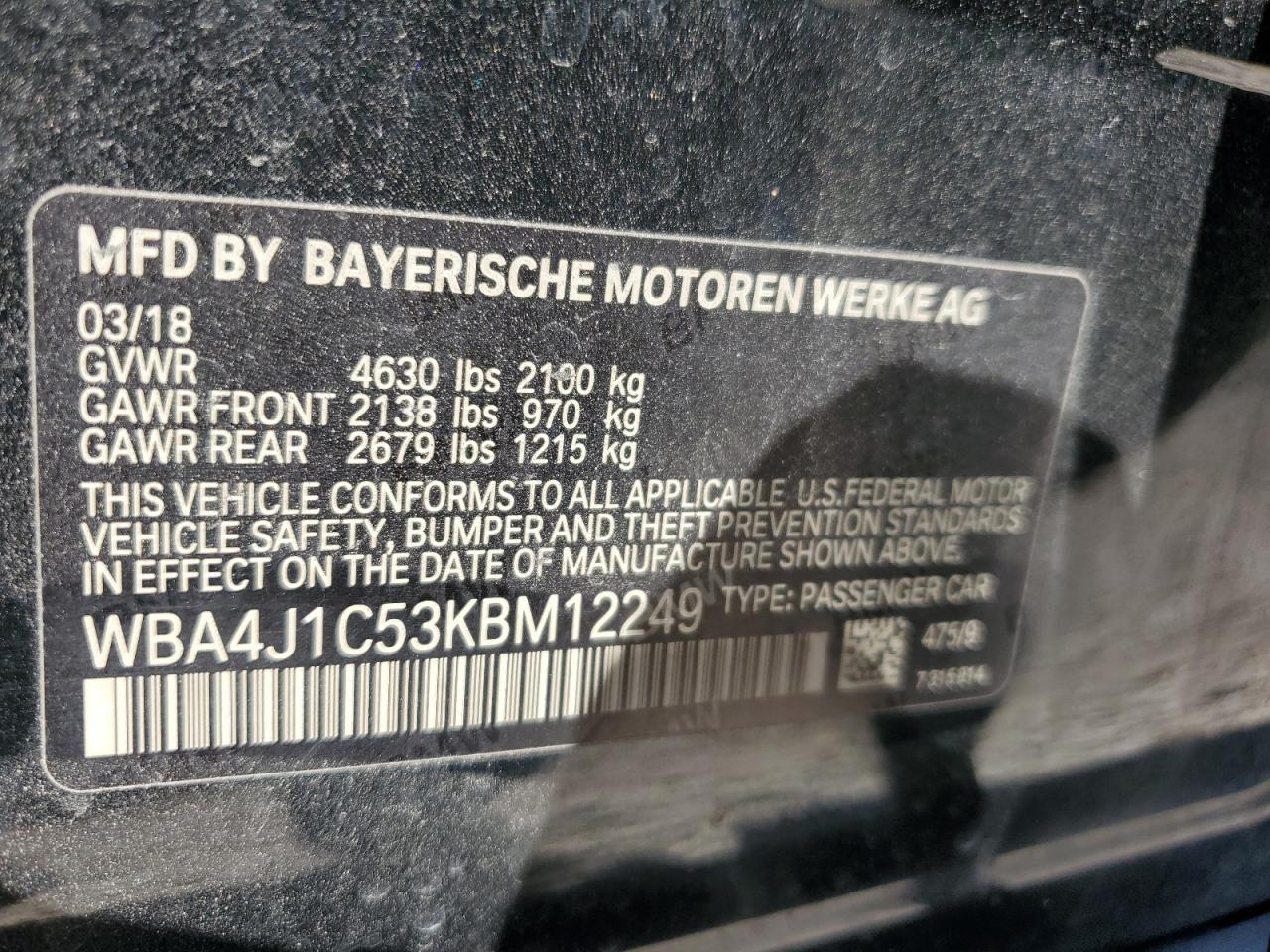 2019 BMW 4er VIN WBA4J1C53KBM12249 Copart auction photo, rear end damage thumbnail 14
