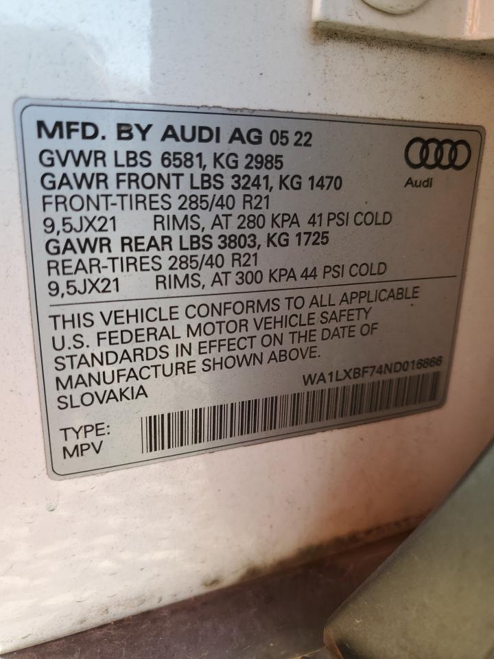 2022 Audi Q7 VIN WA1LXBF74ND016866 Copart auction photo, front end damage thumbnail 14